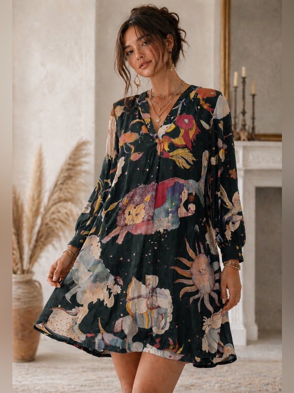 Hod Paris Graziella Zodiac Celestial Dress Rare Viscose Flowy Boho French Size S